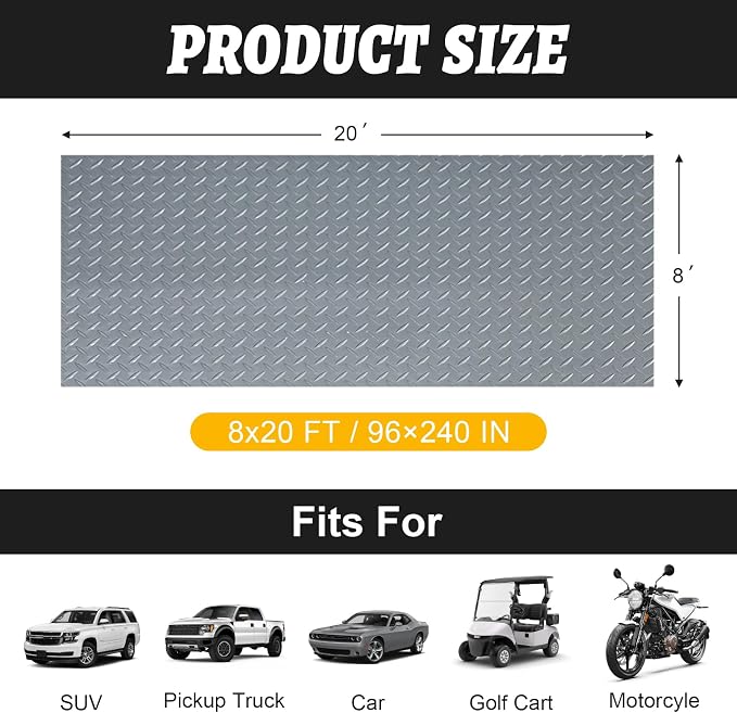 8x20 FT Garage Floor Mat, 2.8mm Thickened Flooring Roll for Under Car Diamond Plate PVC Rubber Mat with 20 Pcs Tapes, Non-Slip Floor Mat for Garage, Warehouse, Gyms, Trailer, Gray