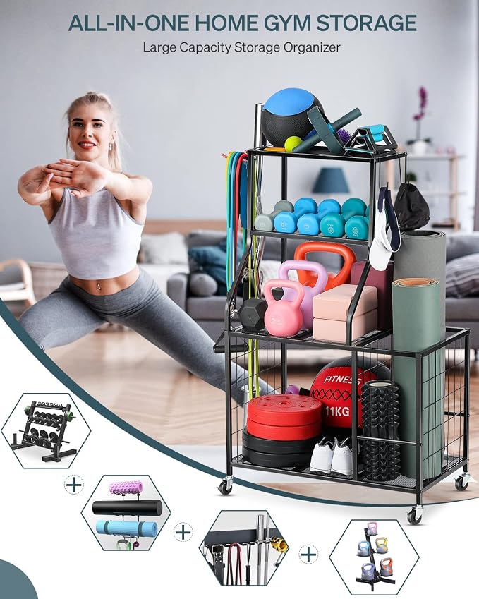 AHOWPD Weight Rack Home Gym Storage, Yoga Mat Storage Rack Workout Equipment Storage Rack for Dumbbells Kettlebell Resistance Band, Exercise Equipment Gym Rack Organizer with Wheel and Levelling Feet