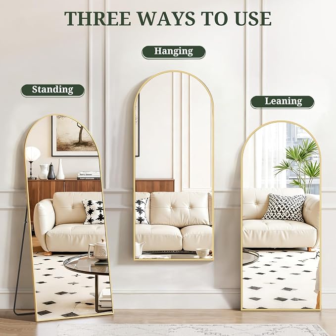 Mirror Full Length 56"x21", Arched Full Body Floor Mirrors with Stand | Shatterproof Glass, Aluminum Alloy Frame, Free Standing, Wall Mounted or Leaning for Bedroom Living Room Entryway