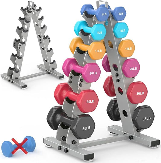 TomCare 6-Tier|5-Tier|4-Tier|2-Tier Dumbbell Rack Stand Only for Home Gym | Stable A-Frame, Fits 5–35 lb Dumbbells, Protective Padded Cradles, Adjustable Feet, Easy-Carry Handle (Stand Only)