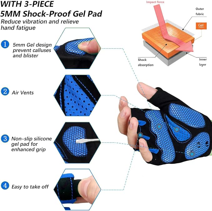 Cycling Gloves Bike Bicycle Gloves, Half Finger 5MM Gel Anti-Slip | Biking Gloves for Men Women Gym workout exercise Motorcycle Hiking Rowing Outdoor Sports