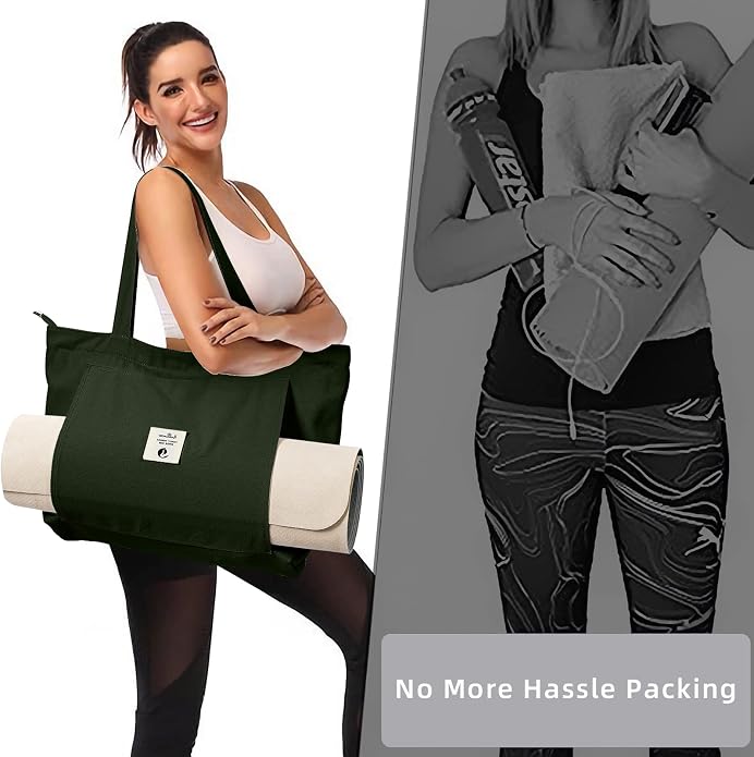 WLLWOO Yoga Mat Carrier Bag for Women Canvas Carryall Tote Gym Pilates | Large Holder Zipper Shoulder for Beach Travel Workout Fitness Office