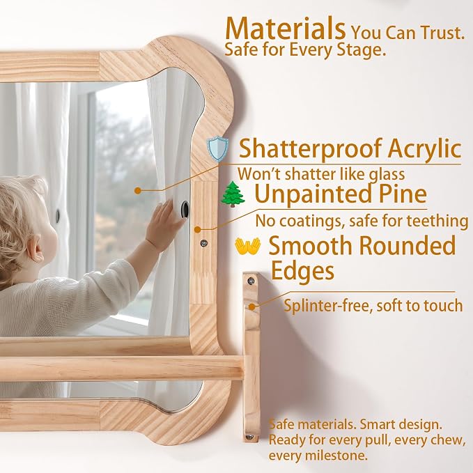 Montessori Baby Mirror with Pull Up Bar, Shatterproof Toddler Pull to Stand | CPC safe natural wood wall mount toy for nursery daycare classroom, ideal infant developmental gift 6-18 months.