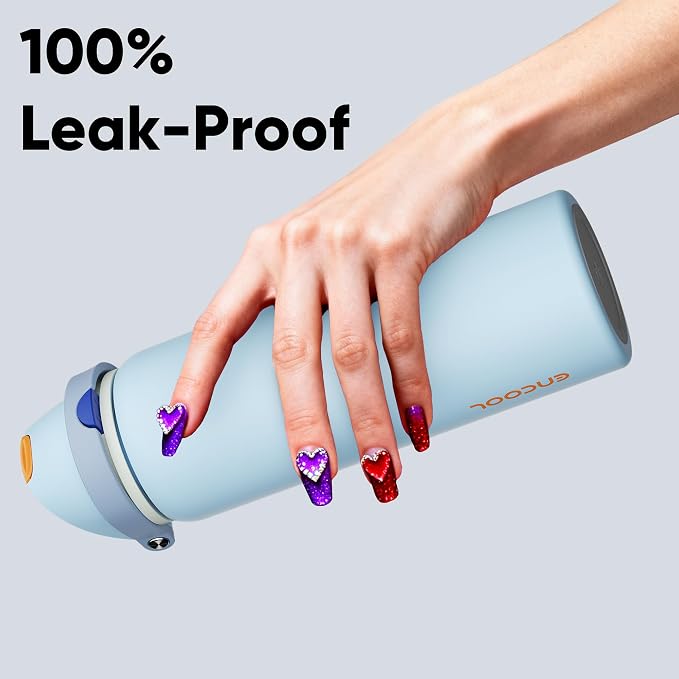 ENCOOL Insulated Water Bottle with Straw Stainless Steel Water Bottle with Push Button Lid, Leak-Proof & BPA-Free, Keeps Cold for 24 Hours for Sports, Travel, Gym (32 oz, Hazy Blue-Blue)