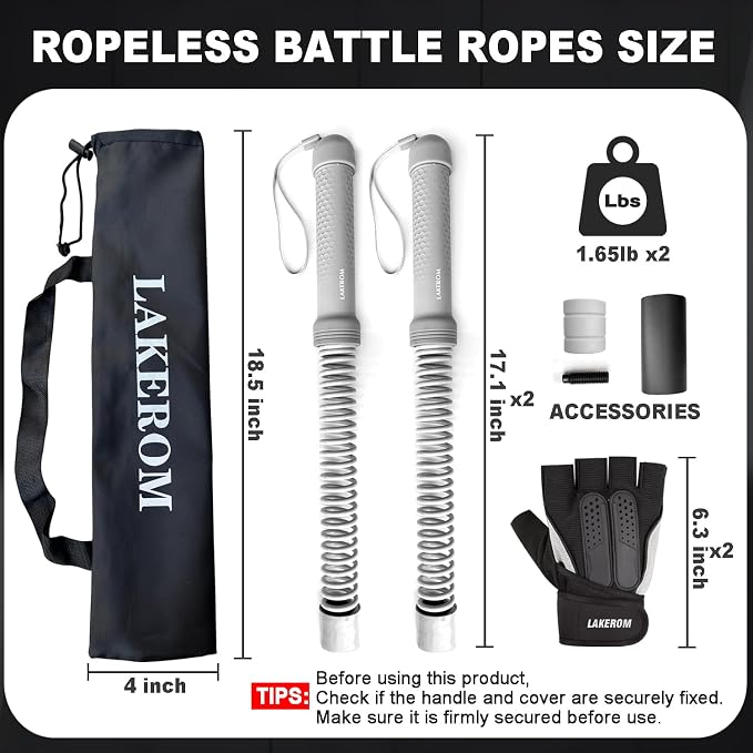 Ropeless Battle Ropes (2-in-1) Elatic Fitness Bar,Cordless Battle Ropes Sticks with Exercise Guide,Portable Home Gym Equipment for HIIT,Strength Low-Impact Workouts for Men & Women Grey