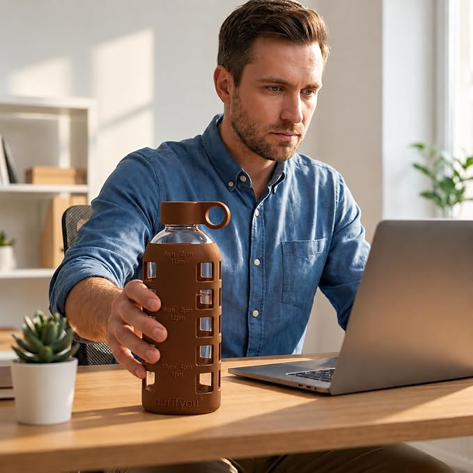 purifyou 40oz / 32oz / 22oz / 12oz Borosilicate Glass Water Bottle with Time & Volume Markers, Silicone Sleeve, Stainless Steel Lid | Reusable Glass Bottle for Water & Juice (22oz Earth Brown)