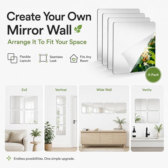 LXCREAT 4 Packs Peel and Stick Mirrors for Wall, 11.8" x 11.8" Mirror Tiles | Self Adhesive 2MM Thick Frameless Acrylic Plastic Mirror Sheets Wall Stickers for Bedroom Bathroom Gym Door DIY Decor
