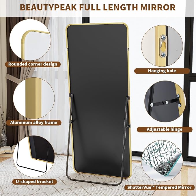 BEAUTYPEAK 56" x 21" Rounded Corner Full Length Mirror with Stand, Gold | Aluminum Alloy Frame with Standing, Leaning, or Wall-Mounted, Ideal for Bedroom, Dressing Room, Entryway, and Living Room