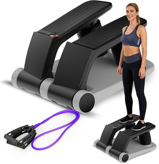 Air Stepper Machine with Resistance Bands | Adjustable Air Resistance Mini Stepper, LCD Monitor, Low Impact Cardio Workout Equipment for Home Gym, 300 lb Capacity