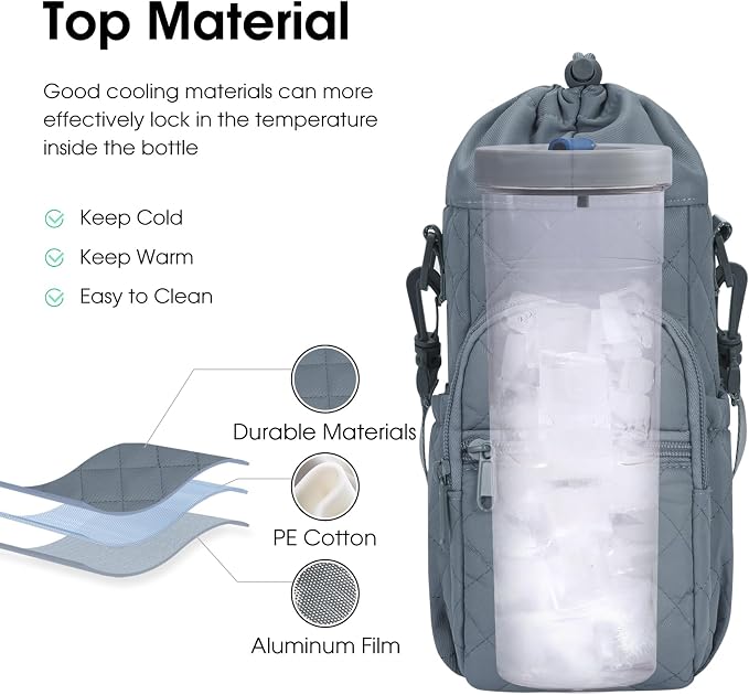 sportsnew 40oz Insulated Crossbody Water Bottle Bag Gym Hiking Phone Pocket | Water-resistant Lining, Padded Strap, Top Handle, Drawstring, Phone Pocket, Elastic Slots, Built-In Key Clip for Gym Walking