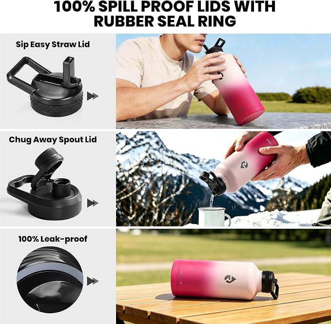 RAYMYLO Insulated Water Bottle 87 oz, Triple Wall Vacuum Stainless Steel | Cold for 48 Hrs), Leak Proof & Non-BPA, Modern Water Flask Jug with Paracord Handle & Straw Spout Lids, Ombre Pink