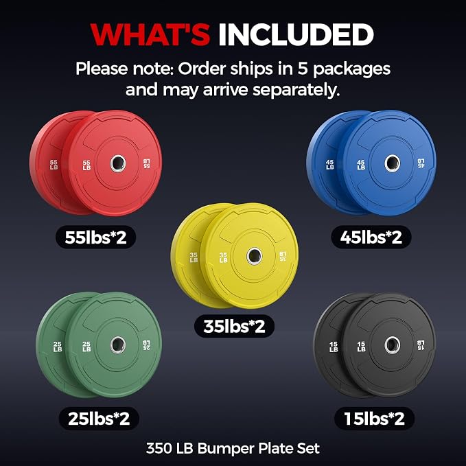 Sportsroyals 2-Inch Olympic Bumper Plates, Color Virgin Rubber Weight Plates Set for Strength Training, Durable Low Bounce Barbell Plates for Home Gym, 5-350LB