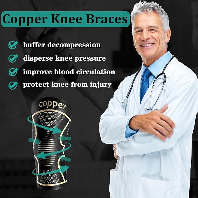 Copper Knee Braces for Women and Men 2 Pack, Knee Compression Sleeve for Knee Pain, Arthritis,ACL, Meniscus Tear, Joint Pain Relief, Knee Support for Running, Working Out, Fitness, Weightlifting-XL
