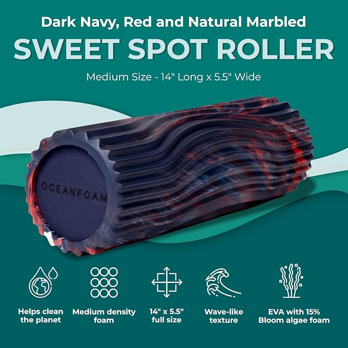 Oceanfoam Sweet Spot Medium Exercise Foam Roller 14"x5.5" – Medium Density Travel Foam Roller for Physical Therapy, Deep Tissue Massage, Yoga, Pilates, Wave Texture (Dark Navy, Red & Natural Marbled)