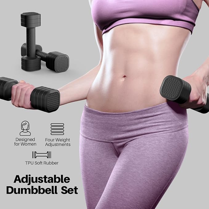Zempox Hand Weights for Women at Home 2-5 lb Light Adjustable Dumbbells Set | Adjustable 2-5 lb(A Pair 4lb 6lb 8lb 10lb), 4-in-1 Design, TPU Soft Grip, Quick Weight Change, Compact for Home, Gym, Office