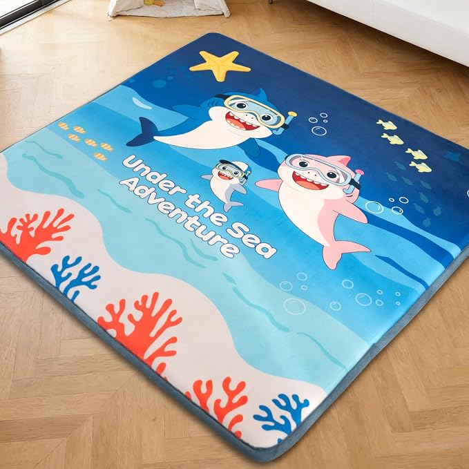 RONGFA Baby Play Mat for Floor, 71'' x 59'' Thicken Foam Soft Padded Playmat for Tummy Time, Playpen Mat for Toddlers Infant Kids, Water-Repellent Coral Velvet, Non-Slip Bottom Safe for Crawling (SEA)
