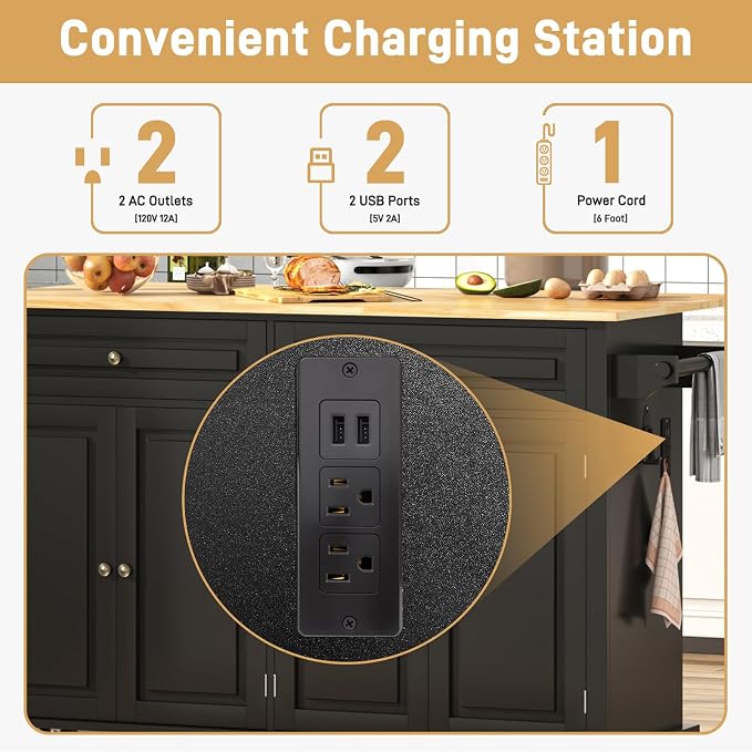 Hlivelood 59.1" Movable Kitchen Island with Drop Leaf and Power Outlet, Rolling Island Cart w/Storage Cabinet, Island Table on Wheels for Kitchen w/2 Drawers, Spice Rack, Towel Bar, Garage Hook, Black