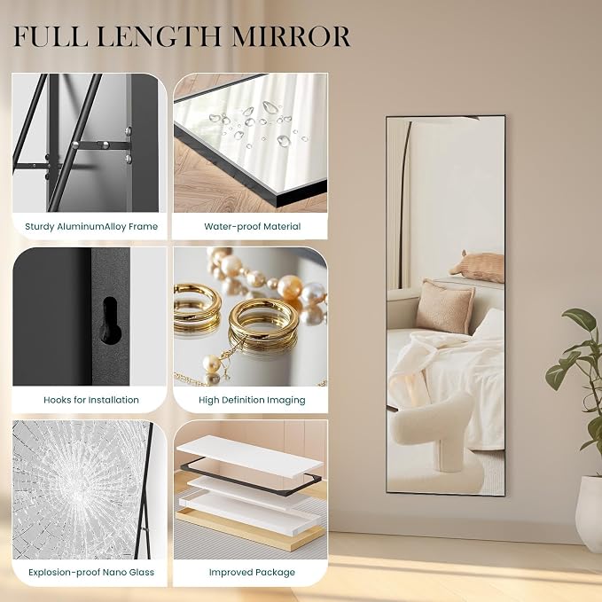 DUMOS 59"x16" Full Length Mirror, Full Body Mirror, Black | Aluminum Alloy Thin Frame, Leaning or Hanging, Suitable for Bedroom, Livingroom, Cloakroom