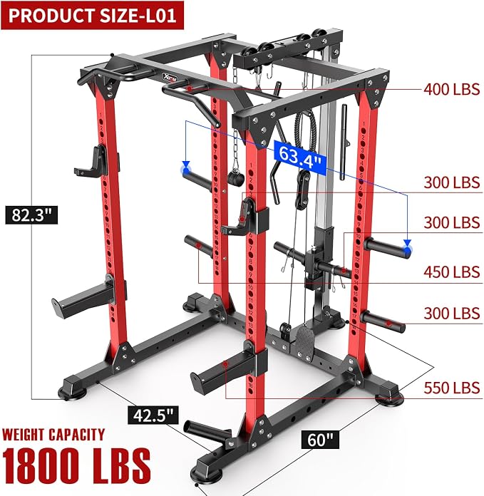 Power Rack Power Cage Multi-Function Squat Rack with Cable Crossover System Selectable More Training Attachment Power Rack for Garage & Home Gym