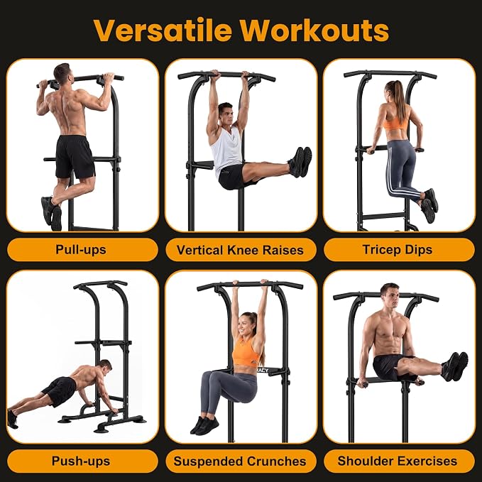 DERACY Pull Up Bar Free Standing, Power Tower with Pull Up Assistance Bands, Adjustable Height Pull Up Dip Station, Dip Bars for Home Gym Strength Training, Push Up Bar