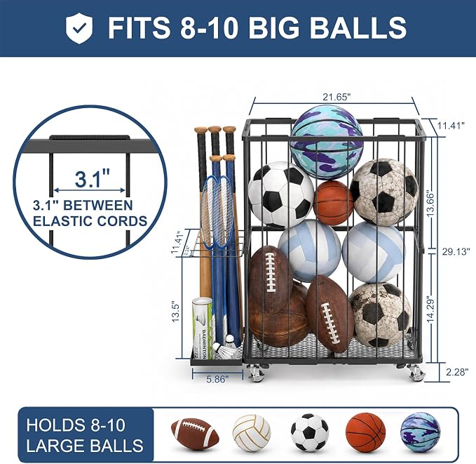 Garage Ball Storage Rack with Wheels, Metal Sports Ball Holder | Basketball Soccer Volleyball Holder with Adjustable Elastic Cords, Ball Organizer Space Saving Rack for Basement Gym Outdoor