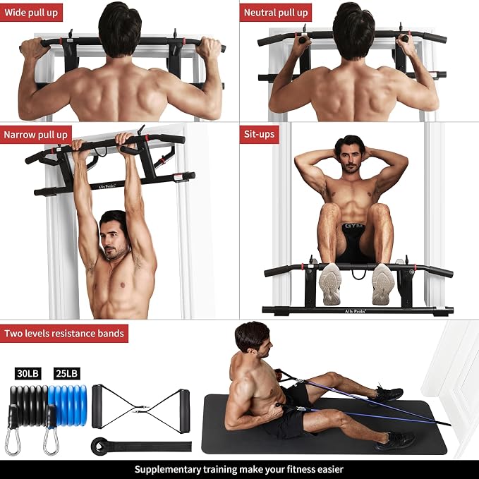 Ally Peaks Pull Up Bar for Doorway，Adjustable Handle Width Pullup Bar with 2Pcs Exercise Resistance Bands，New 2026 Upgraded At Home Workout Equipment Chin Up Bar，Multiple Original U.S. Patents