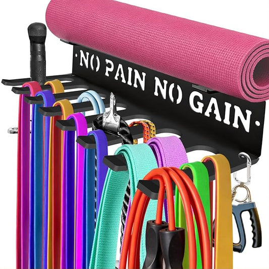 Gym Home Rack 8 Hook Heavy-Duty Wall-mounted Organizer Multi-Purpose Workout Gear Wall Hanger Storage for Resistance Bands Jump Ropes Lifting Belt Fitness Bands Barbells Carabiners Included