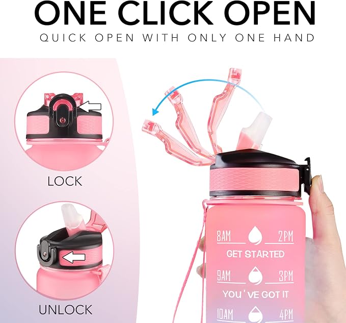 Hyeta Water Bottle with Straw & Time Marker, Plastic 32oz Leakproof | Motivational Tritan BPA Free Gym Office Outdoor Intake Tracker Hourly Reminder Straw Lid Carry Strap