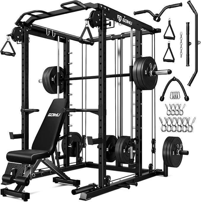 S1-V4 Smith Machine, 2000LBS Power Cage with Cable Crossover System, All-in-One Squat Rack with Smith Bar, Strength Training Equipment for Home Gym