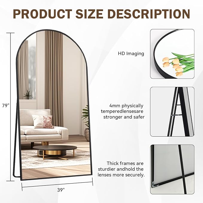 LFT HUIMEI2Y 79"x39" Arch Full Length Mirror, Black Floor Mirror | Tempered Oversized Mirror Full Body with Aluminum Alloy Frame; Standing, Leaning, or Wall Mount for Bedroom, Living Room