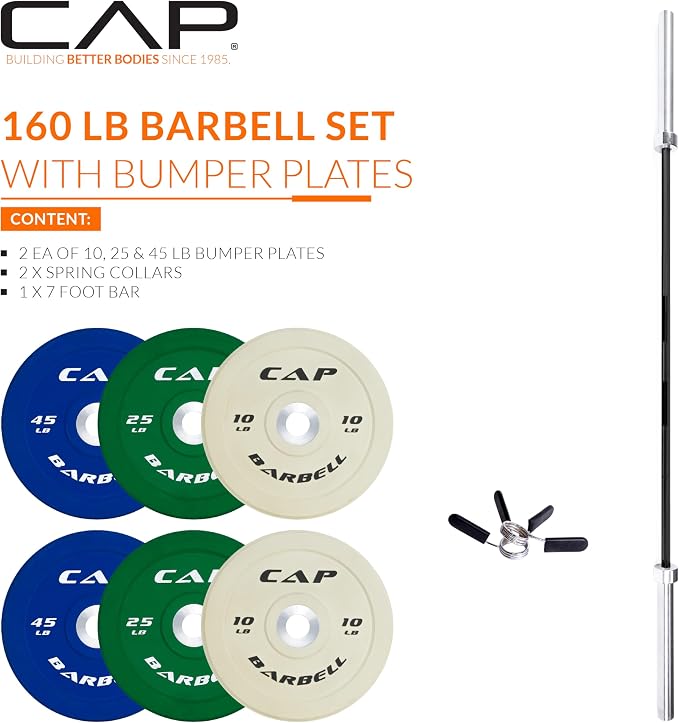 CAP Barbell Olympic Weight Set with 7ft Barbell & Bumper Plates | 160-370 lbs | Multiple Options