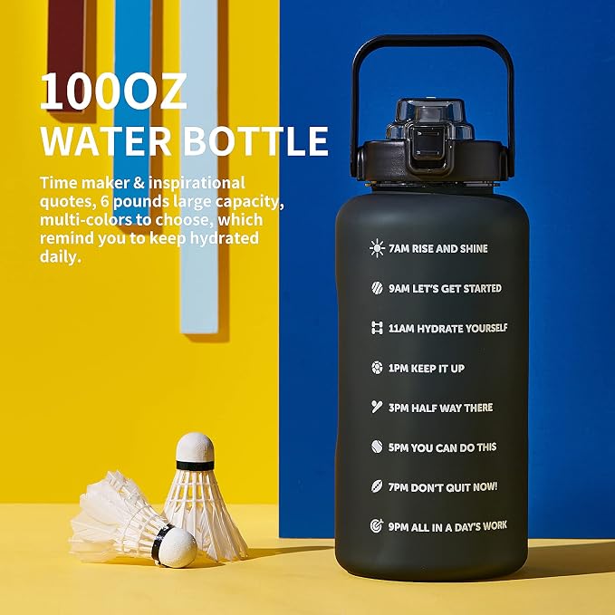 ST-YIBEN 64oz,100oz,128oz Large Motivational Water Bottle with Time Marker, Leakproof & BPA Free Half Gallon Big Water Bottle with Straw Handle Tritan Frosted Water Jug for Gym,Fitness,Outdoor Sports
