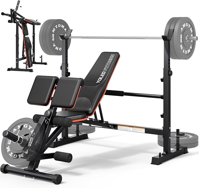 YOLEO Weight Bench with Rack - Bench Press Set, Leg Extension, Preacher Curl & Flat/Incline/Decline Full Body Workout Bench, Adjustable Olympic Weight Benches for Home Gym(47.44IN WIDE GRIP)