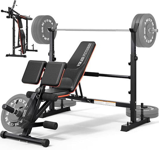 YOLEO Weight Bench with Rack - Bench Press Set, Leg Extension, Preacher Curl & Flat/Incline/Decline Full Body Workout Bench, Adjustable Olympic Weight Benches for Home Gym(47.44IN WIDE GRIP)