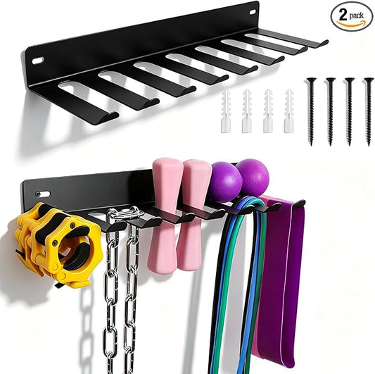2 Pack Gym Storage Rack Wall Mount, Heavy Duty Metal Gym Organizer for Resistance Bands, Barbells, Jump Ropes & Cable Attachments, Up-Turned Hooks Prevent Slipping, Includes Screws & Anchors for Home Gym Equipment Storage