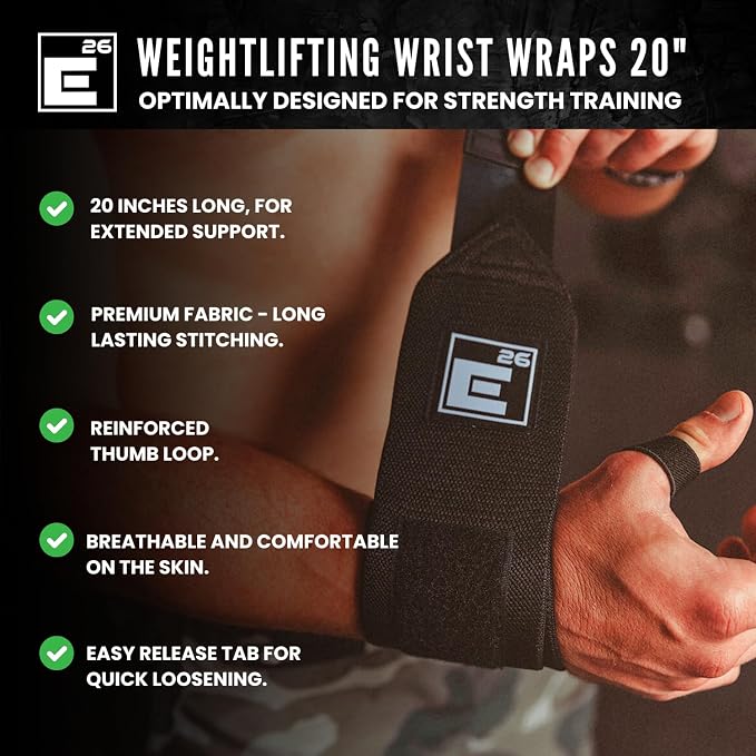 Element 26 Wrist Wraps for Weight Lifting, 20 Inch | 20" Heavy Duty Wrist Support for Gym, Powerlifting, Bench Press, Strength Training, Men & Women, Quick Release