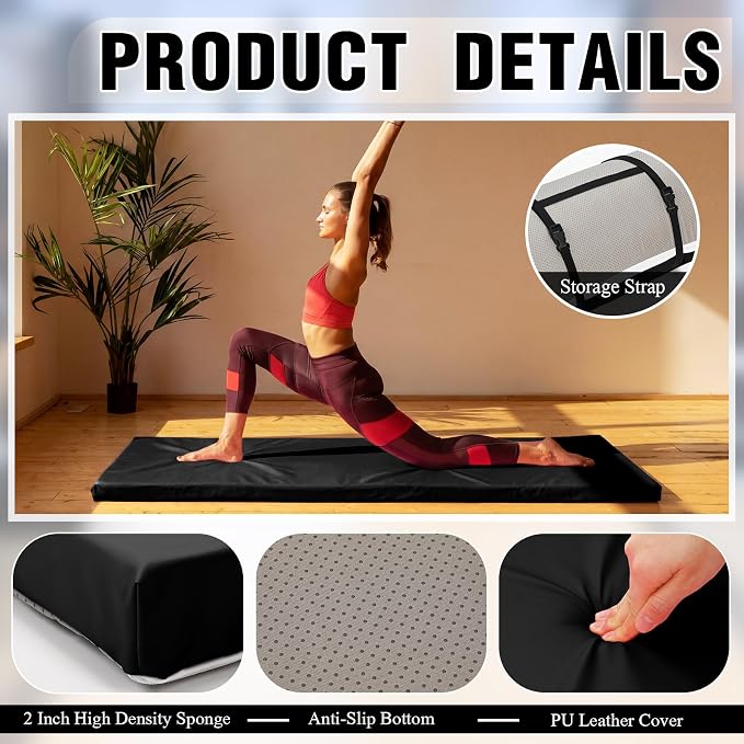 Lyrow 2 Inch 72"x24" Thick Foldable Yoga Mat with Carry Strap, Non-slip Portable Foam Gym Mat for Yoga, Pilates and Stretching