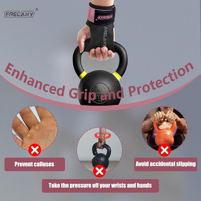 Frelaxy Lifting Wrist Straps for Women and Men, Weight Lifting Grips | Double-layer leather, Cushioned wrist support, Durable construction, Storage pouch, Deadlifts, rows, lat pulldowns
