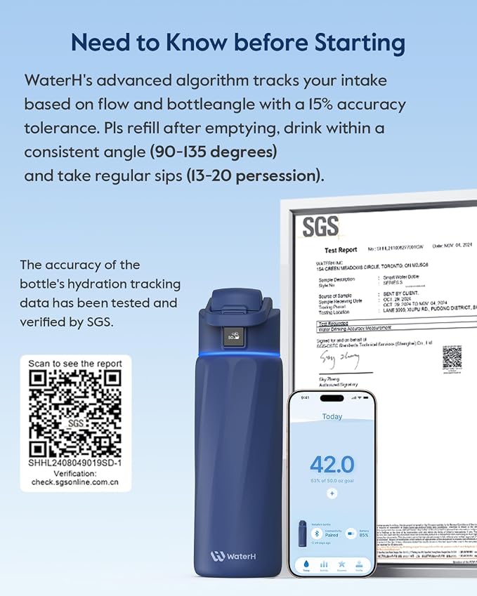WaterH BOOST Smart Water Bottle Tracker with Reminder to Drink Water, 24oz | BPA-Free Double Wall Vacuum Insulated Stainless Steel, Leakproof, Smart App Tracking, Fits Cup Holders, Wide Mouth for School