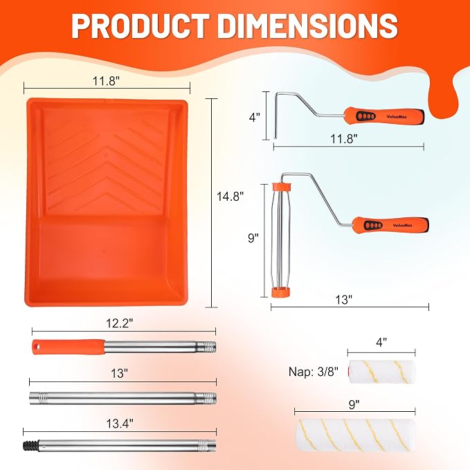 ValueMax 12PCS Paint Roller Kit with Tray, 9" & 4" Roller Frames, 6PCS Microfiber Replacement Covers 3/8" Nap, 3PCS Stainless Steel Extension Poles, for Walls, Ceilings, Floors, Furniture | 6 Microfiber Roller Covers, 3/8" Nap Thickness, Stainless Stee...