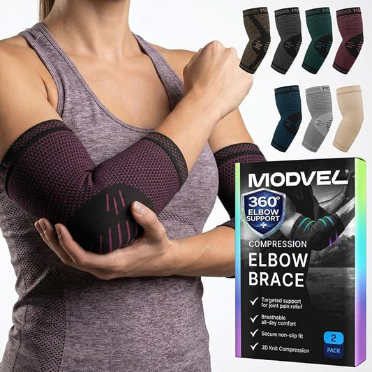 Modvel 2 Pack Elbow Brace for Tendonitis and Tennis Elbow Brace for Women and Men, Elbow Compression Sleeve for Pain Relief and Recovery – Elbow Sleeves Weightlifting Men, Sports & Workout, Arm Brace