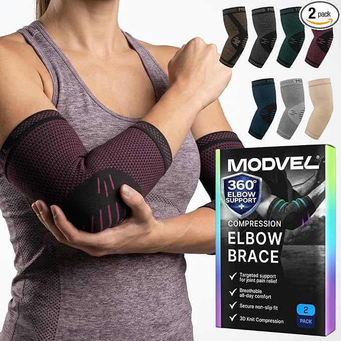 Modvel 2 Pack Elbow Brace for Tendonitis and Tennis Elbow Brace for Women and Men, Elbow Compression Sleeve for Pain Relief and Recovery – Elbow Sleeves Weightlifting Men, Sports & Workout, Arm Brace