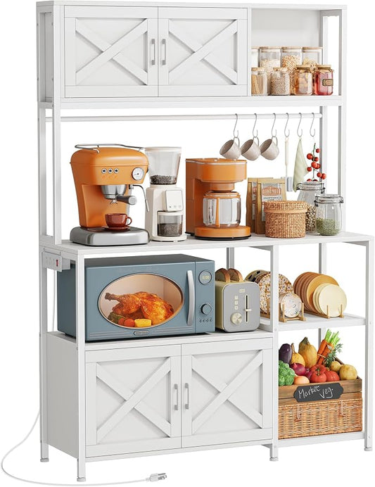 Huuger Large Bakers Rack with Power Outlet, Kitchen Microwave Stand with Cabinets, Coffee Bar Table Station with Storage, 6 S-Shaped Hooks, Mesh Shelves, 45 Inch Wooden Top, White