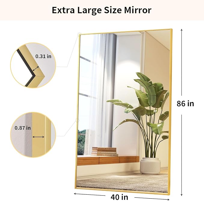 Easly 40"X86" Full Length Mirror with Stand, Gold Large Floor Mirror | Rectangular Full Body Mirror for Bedroom, Living Room or Closet, Wall-Mounted or Freestanding, Aluminum Alloy Frame