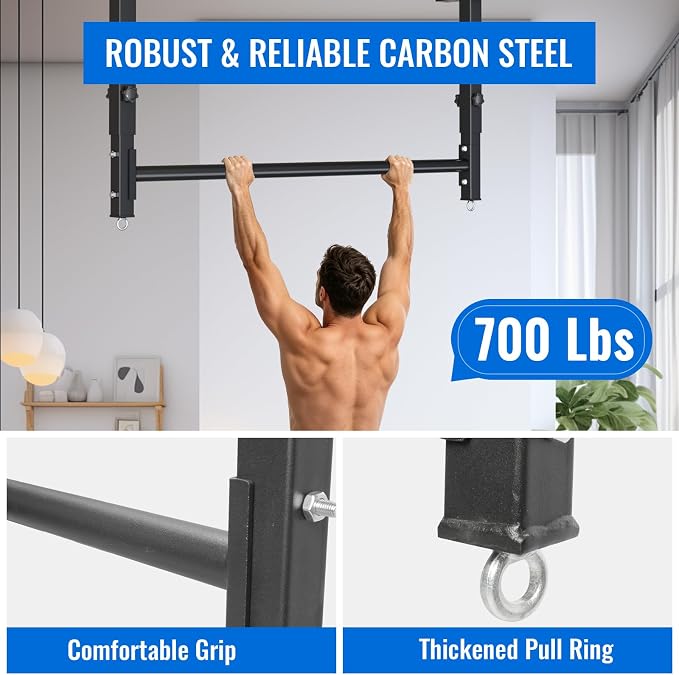 48" Ceiling Mount Pull Up Bar, Adjustable Height, 700LBS Capacity | Includes suspension trainer straps.For home gym,garage,basement.Ideal for pull ups & full body stretching.
