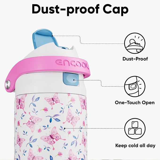 ENCOOL Leakproof Insulated Water Bottle with Straw Dual-Sip Water Bottle Bag-Safe Design for Work, Commute & Gym – Keeps Drinks Cold All Day, 32 oz, Blossom Butterfly