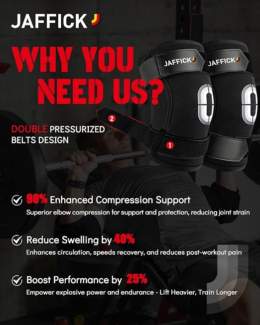 Jaffick Weightlifting Elbow Brace with Dual Adjustable Compression Strap | 1 Pair Elbow Sleeve for Bench Press, Powerlifting, Pressing, Men & Women (Black, L)