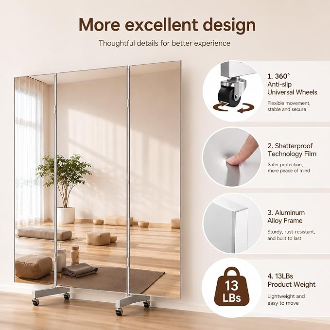 Full Length Stand Up Mirror on Wheels 71''L×71''W Large Tri-Fold Floor Mirror with Stand,Movable 3-Way Full Length Standing Mirror for Gym,Dance Studio,Fitness Room,Home (70.9" x 70.9")
