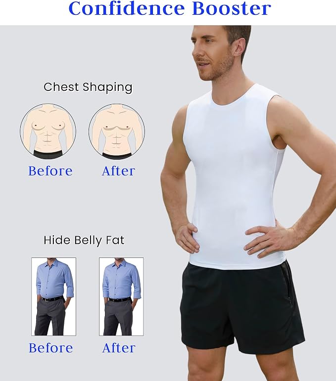 Compression Shirt Men Slimming Body Shaper Vest Crewneck Workout Tank Top | Tummy Control Undershirts, Gynecomastia Compression Shirts, Back Support, Sleeveless Muscle Shirts, Shaping Tank Top