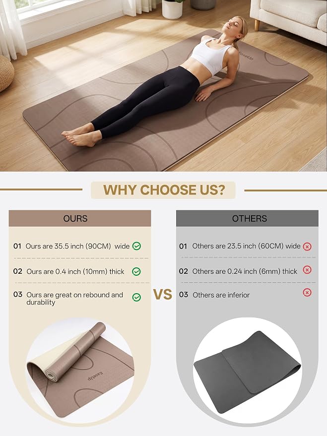 EaseUp Large Yoga Mat 73x35.5x0.4",10mm Thick Non-Slip for Home Workout | Extra thick and wide,TPE material, joint cushioning, easy to clean, wear-resistant, for yoga & Pilates with strap ﻿